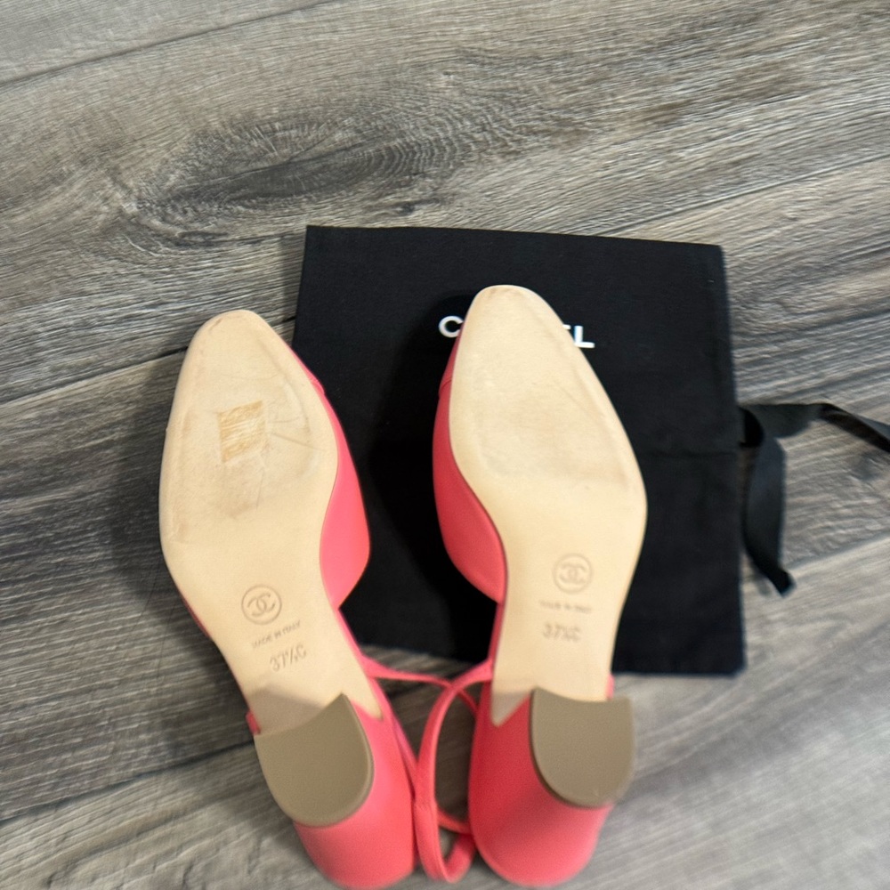 CHANEL Pink Leather Classic Slingback Heels - Size 37.5 C - Picture 9 of 10